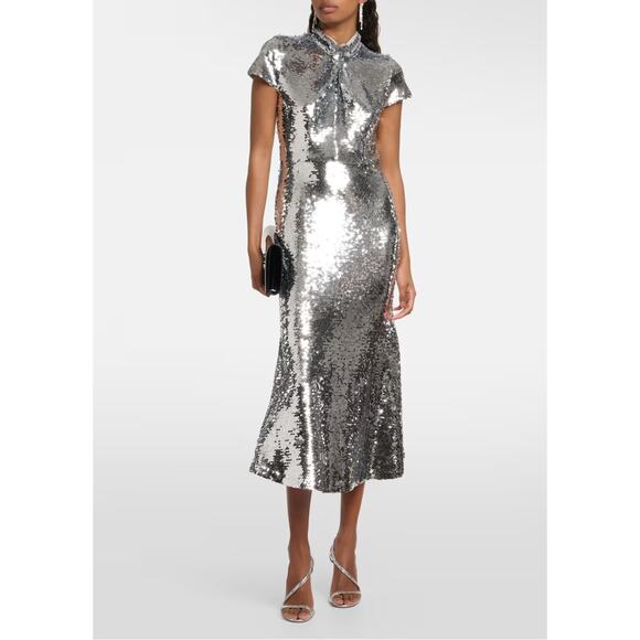 Self Portrait Silver Sequin Twist Neck Midi Dress - Picture 1 of 16